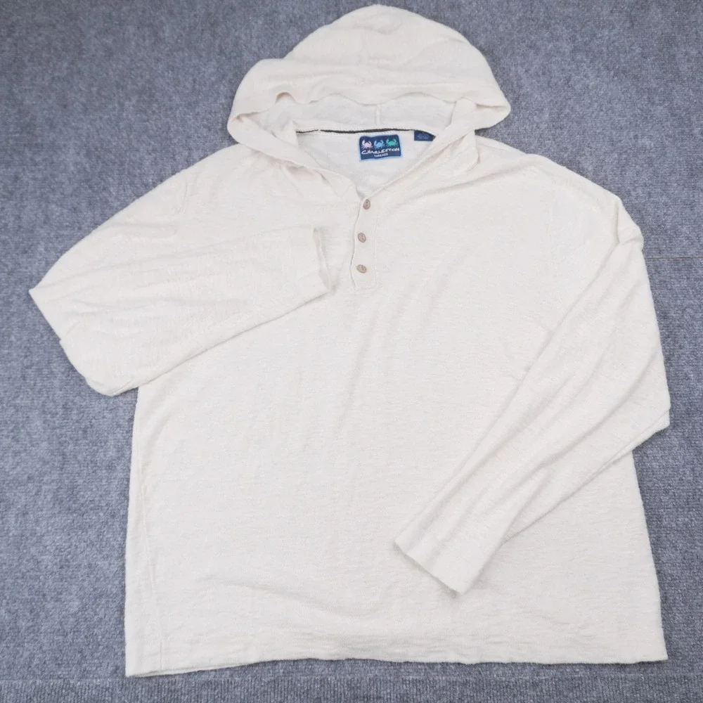Charleston Threads Henley Hoodie Men Large Cream Linen Cotton Blend Knit Sweater